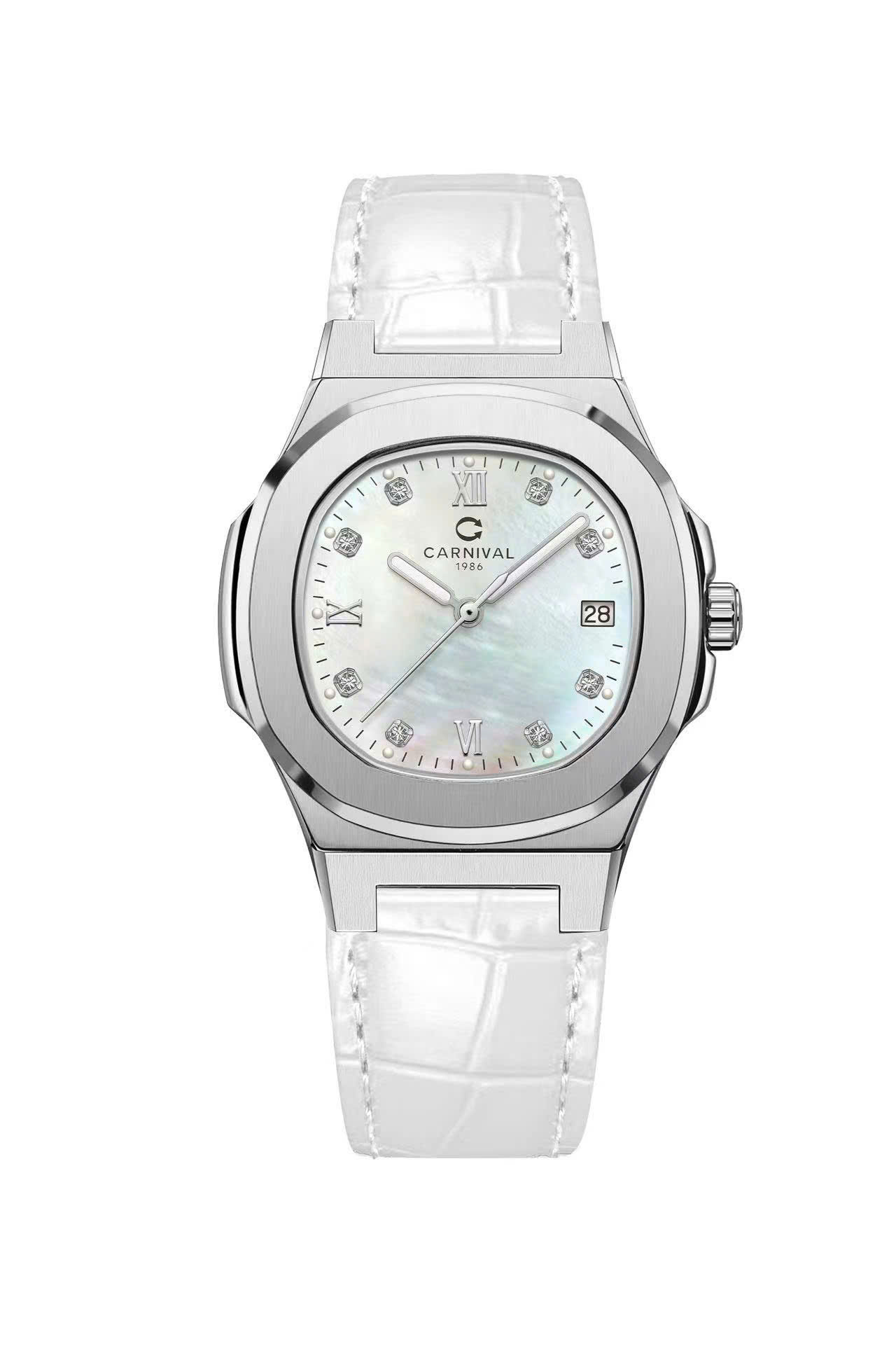 ĐỒNG HỒ NỮ CARNIVAL 8160L VT DD TK QUARTZ 34MM ( XÀ CỪ TRẮNG - DÂY DA TRẮNG )